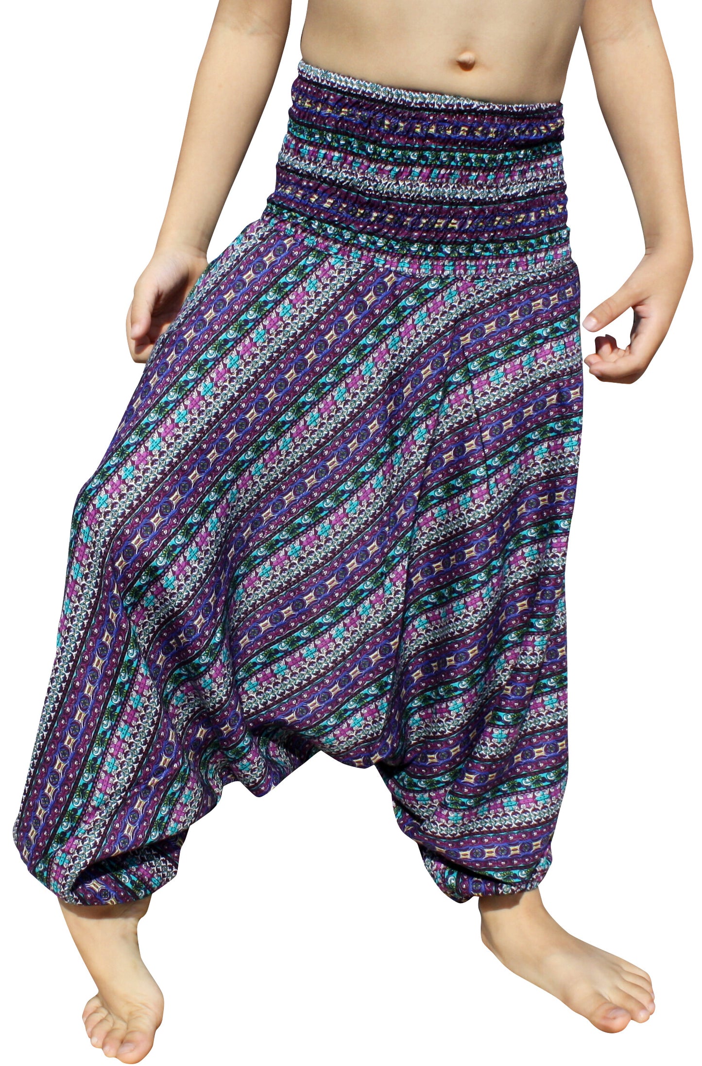 Smock Waist Rayon Aladdin Harem Baggy Pants in Mixed Artworks