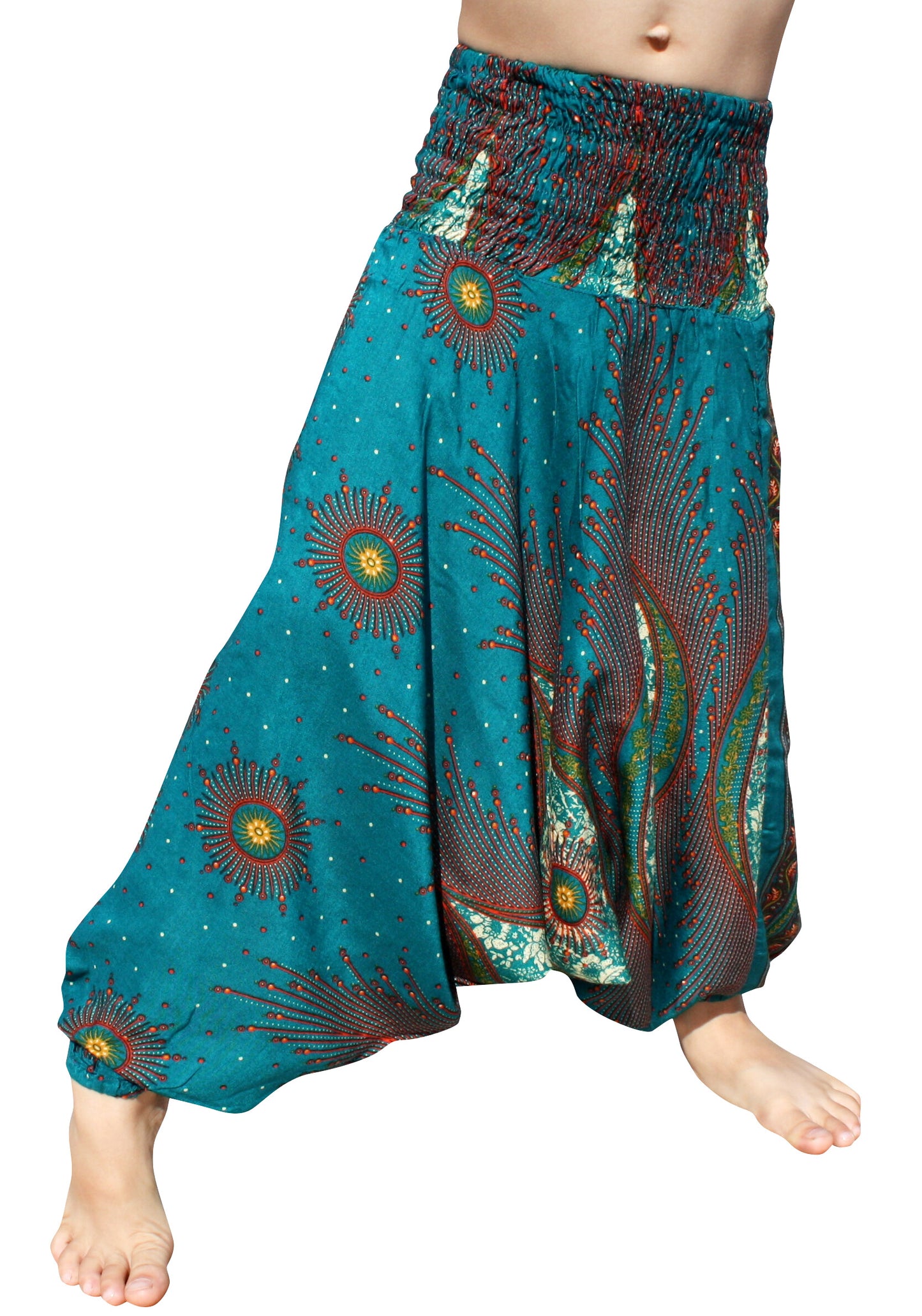 Smock Waist Rayon Aladdin Harem Baggy Pants in Mixed Artworks