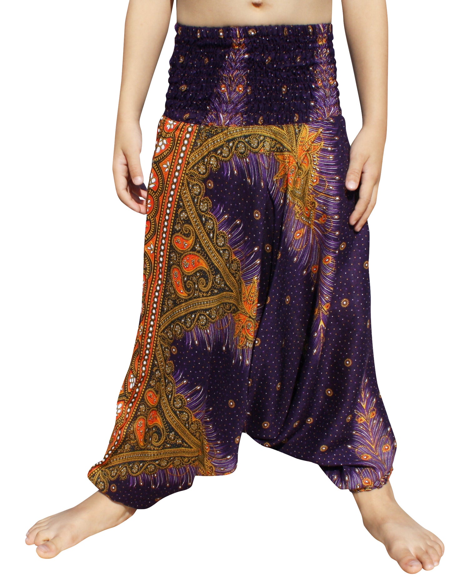 Smock Waist Rayon Aladdin Harem Baggy Pants in Mixed Artworks