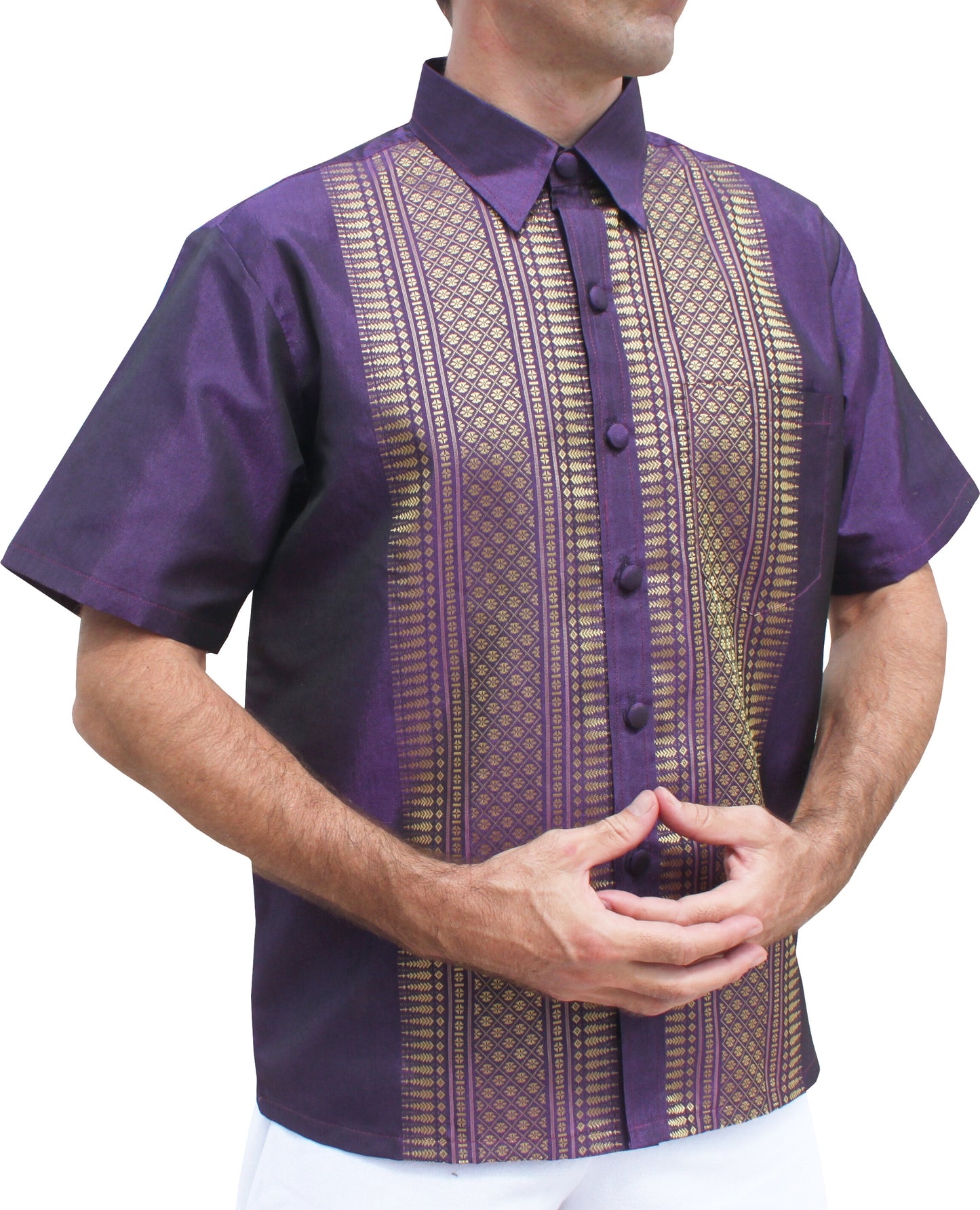 RaanPahMuang Formal Northern Thailand Woven Stitchwork Short Sleeve Silk Men Shirt