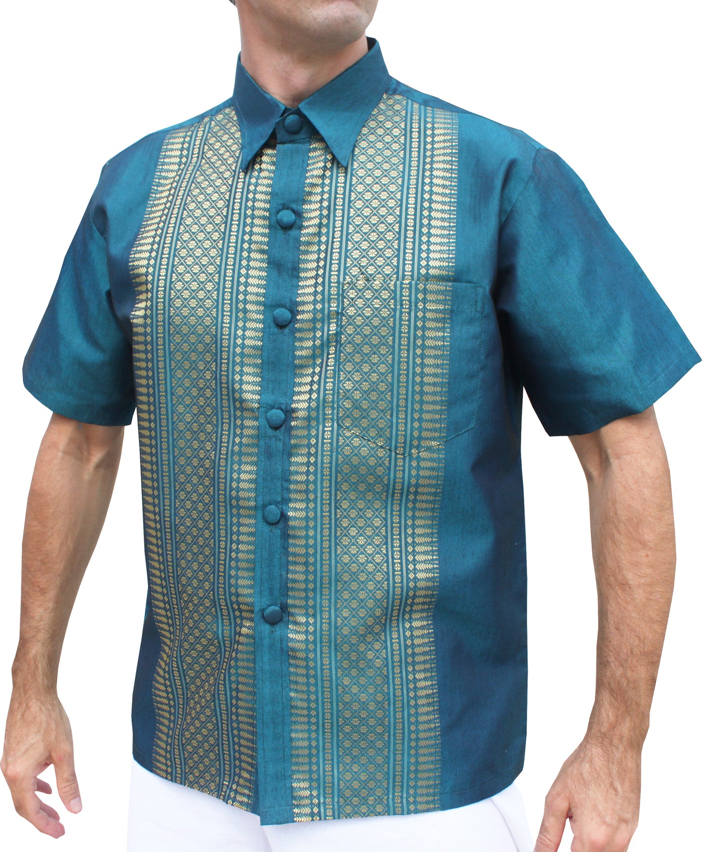 RaanPahMuang Formal Northern Thailand Woven Stitchwork Short Sleeve Silk Men Shirt