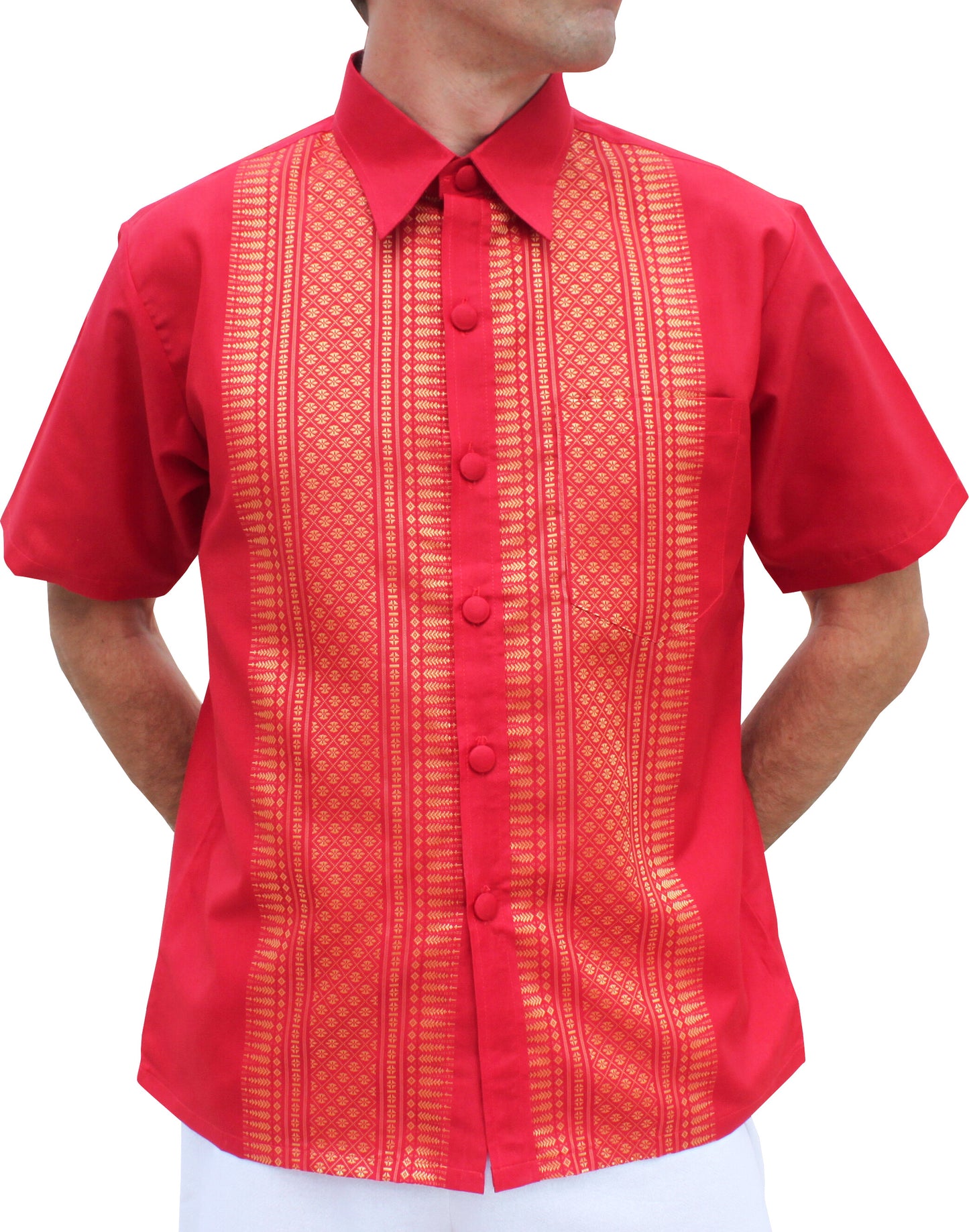 RaanPahMuang Formal Northern Thailand Woven Stitchwork Short Sleeve Silk Men Shirt