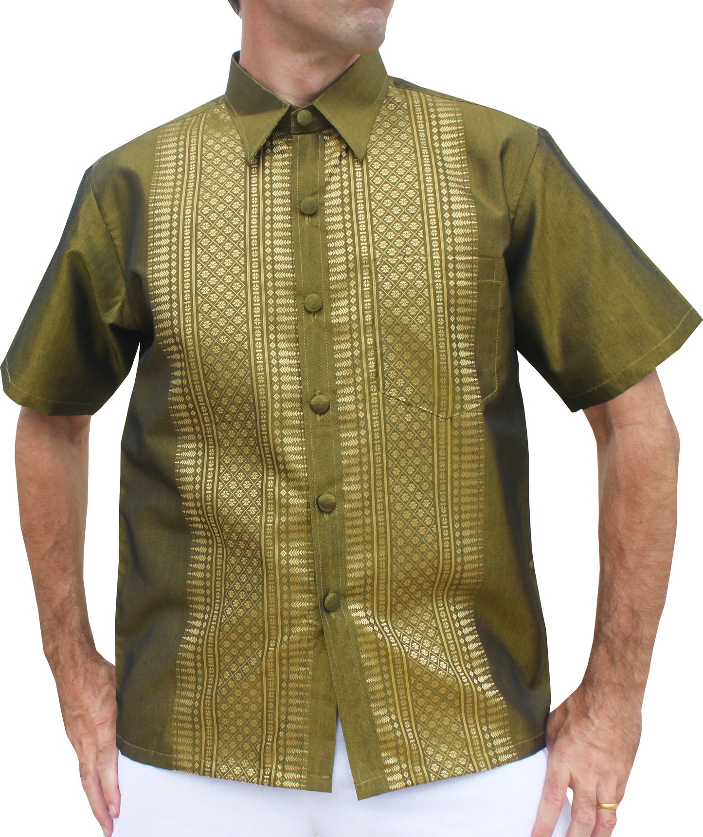 RaanPahMuang Formal Northern Thailand Woven Stitchwork Short Sleeve Silk Men Shirt