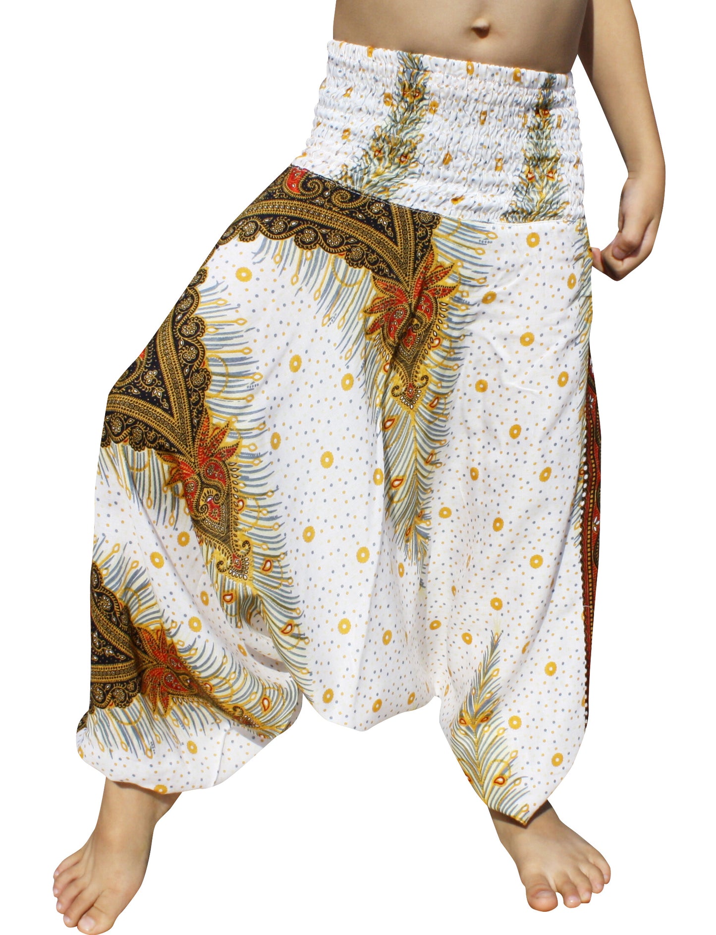 Smock Waist Rayon Aladdin Harem Baggy Pants in Mixed Artworks