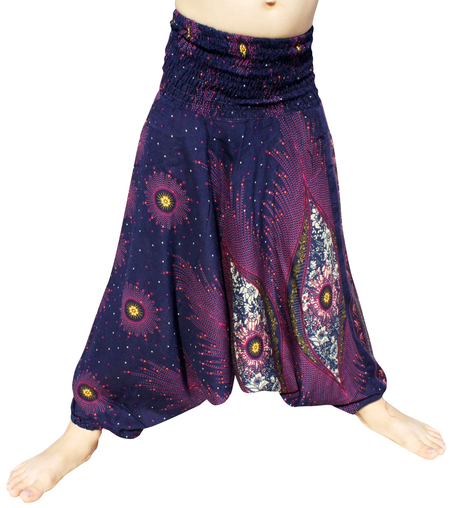 Smock Waist Rayon Aladdin Harem Baggy Pants in Mixed Artworks