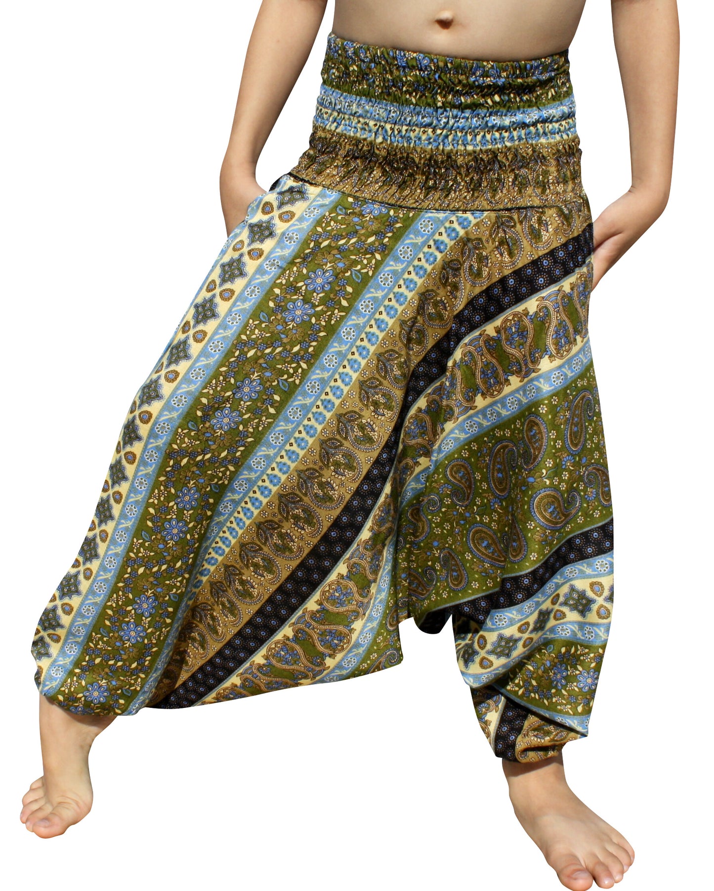 Smock Waist Rayon Aladdin Harem Baggy Pants in Mixed Artworks