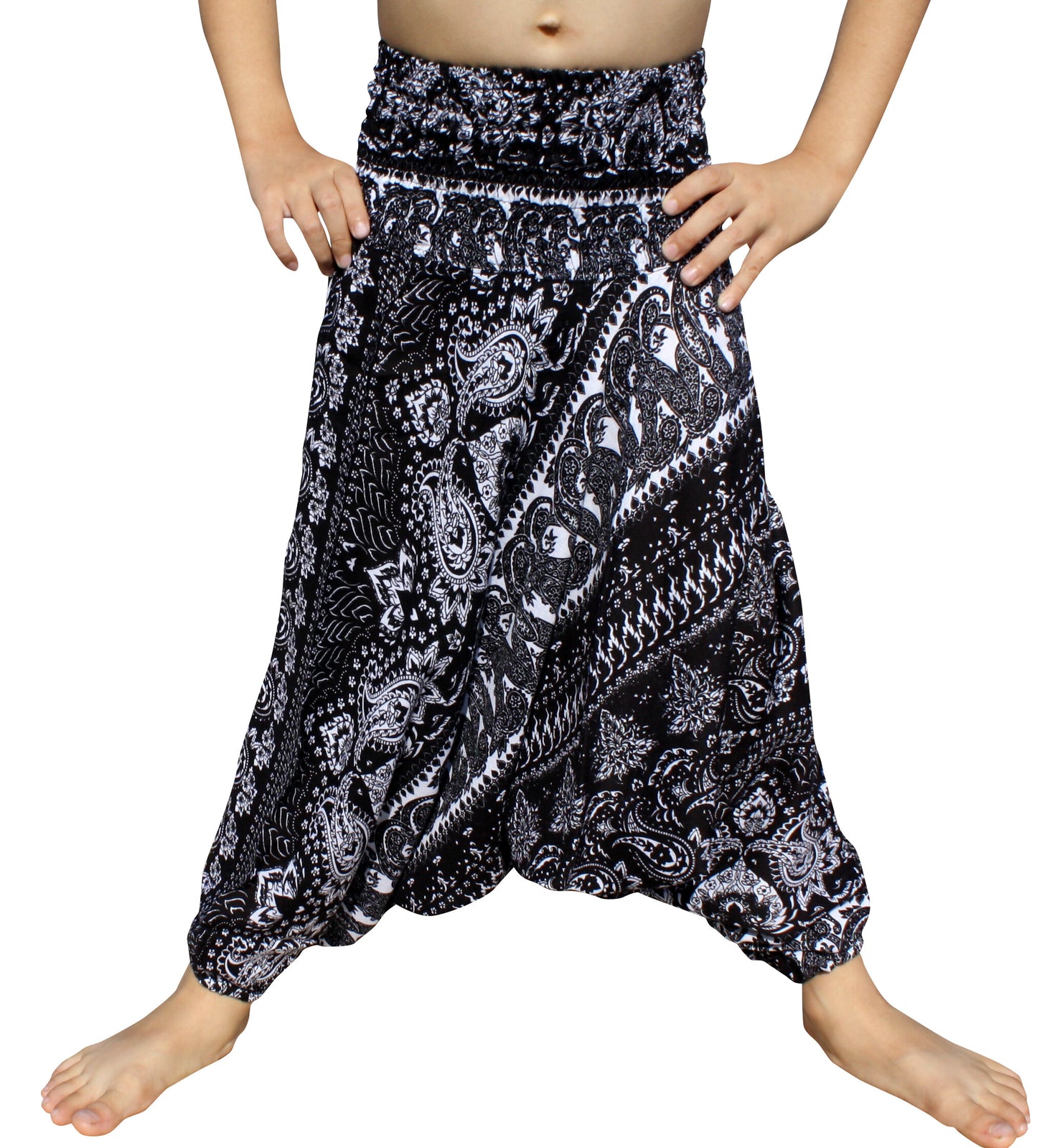 Smock Waist Rayon Aladdin Harem Baggy Pants in Mixed Artworks