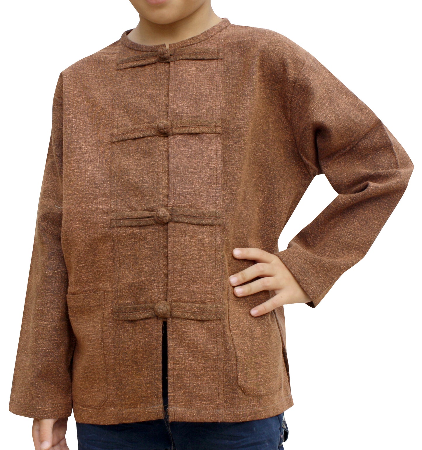 RaanPahMuang Childrens Mixed Cotton Shirt Open Collar Frog Button Long Sleeve
