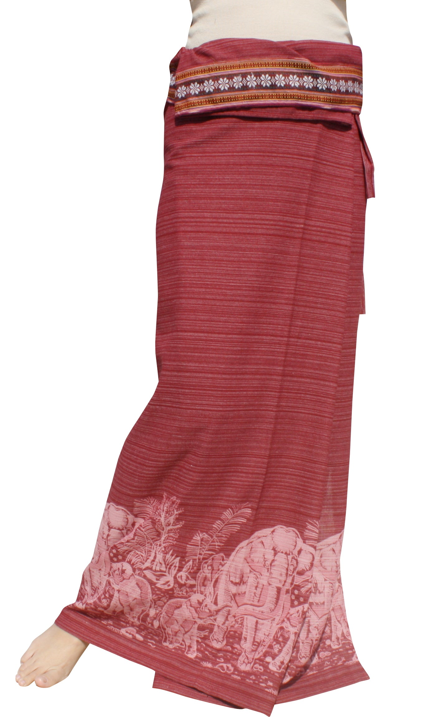 RaanPahMuang Thai Traditional Hand Woven Wrap Skirt Striped Cotton with Floral Belt