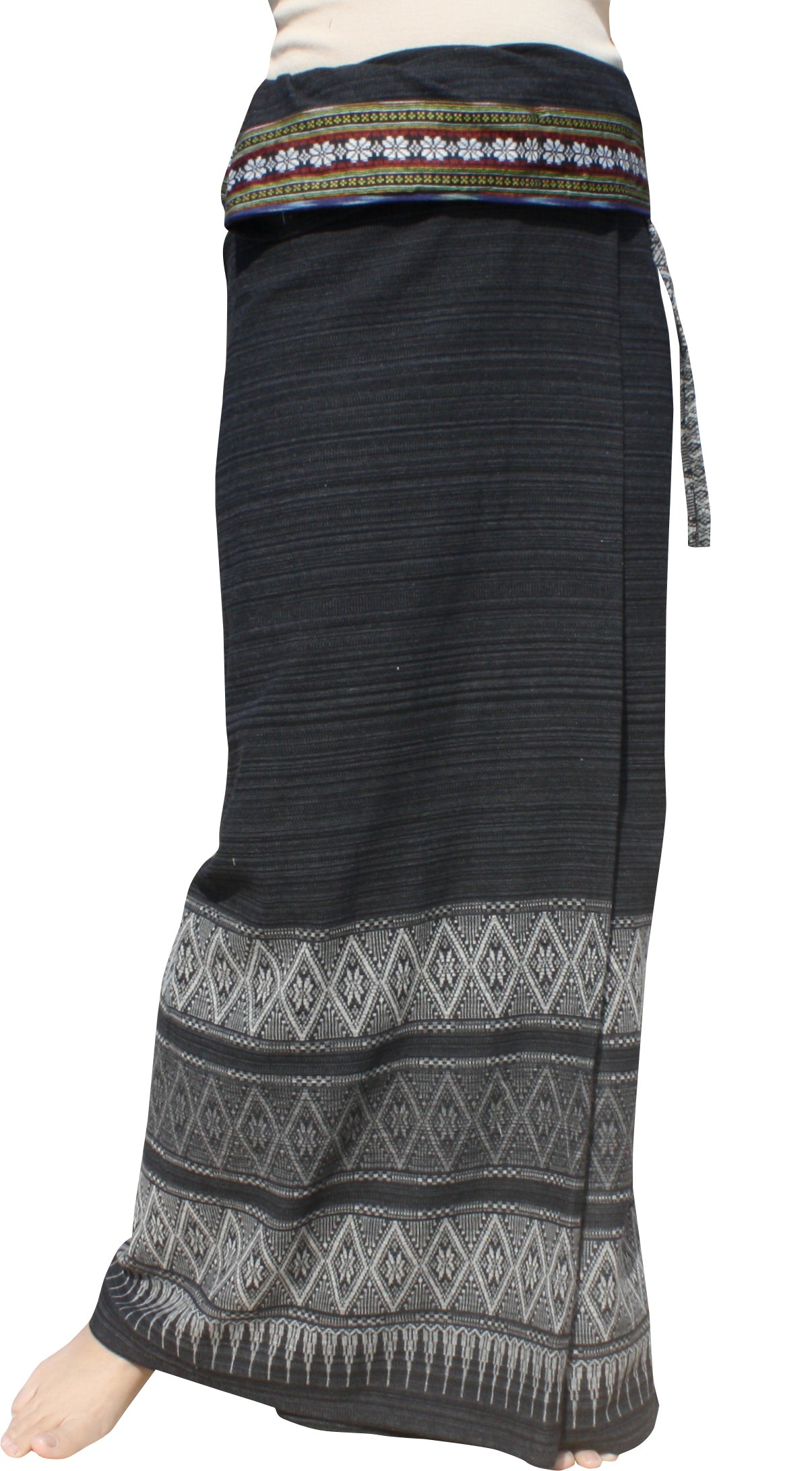 RaanPahMuang Thai Traditional Hand Woven Wrap Skirt Striped Cotton with Floral Belt