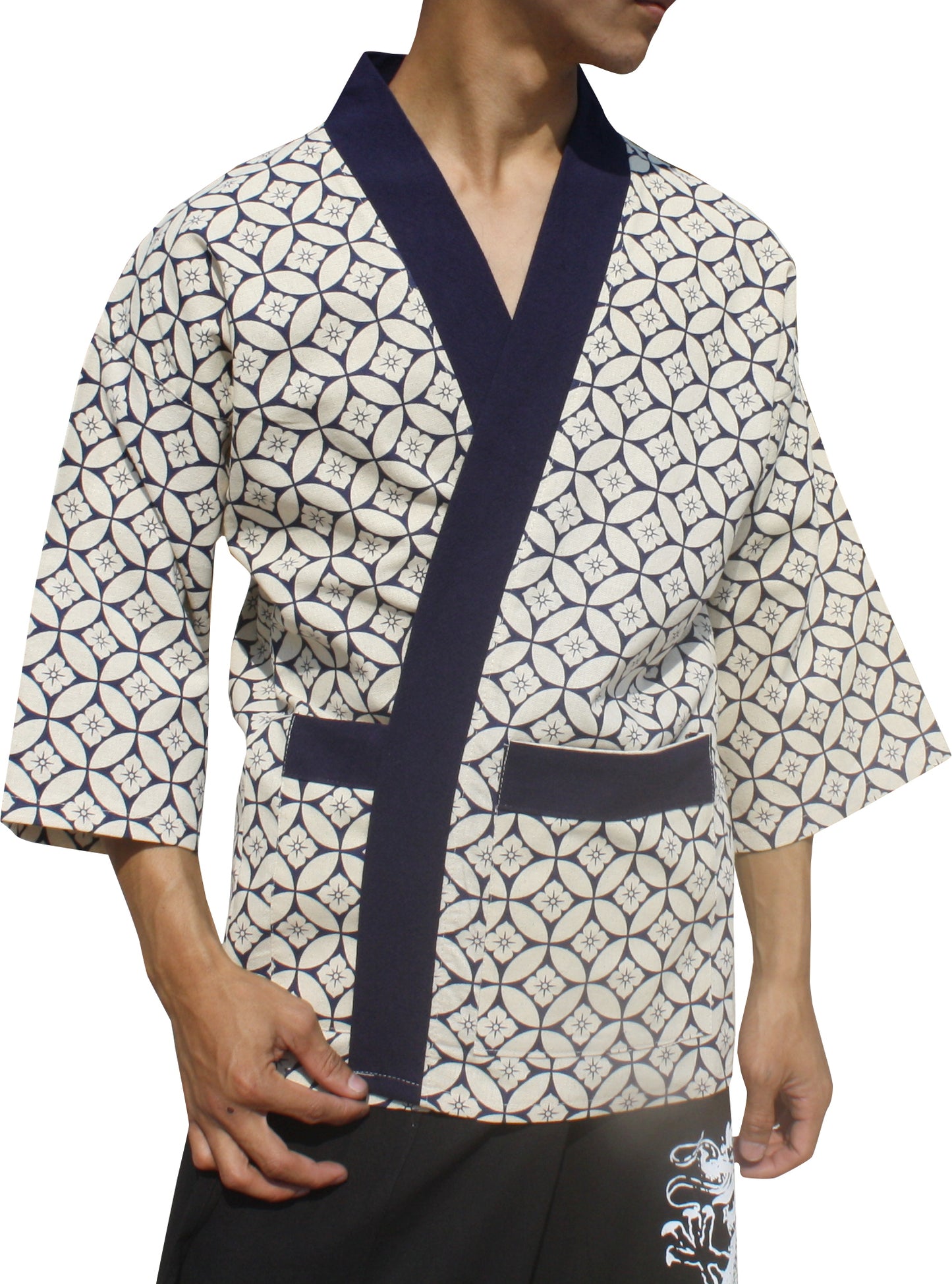 Japanese Yukata Unisex Robe Shirt In Raw Cotton Woodblock Prints