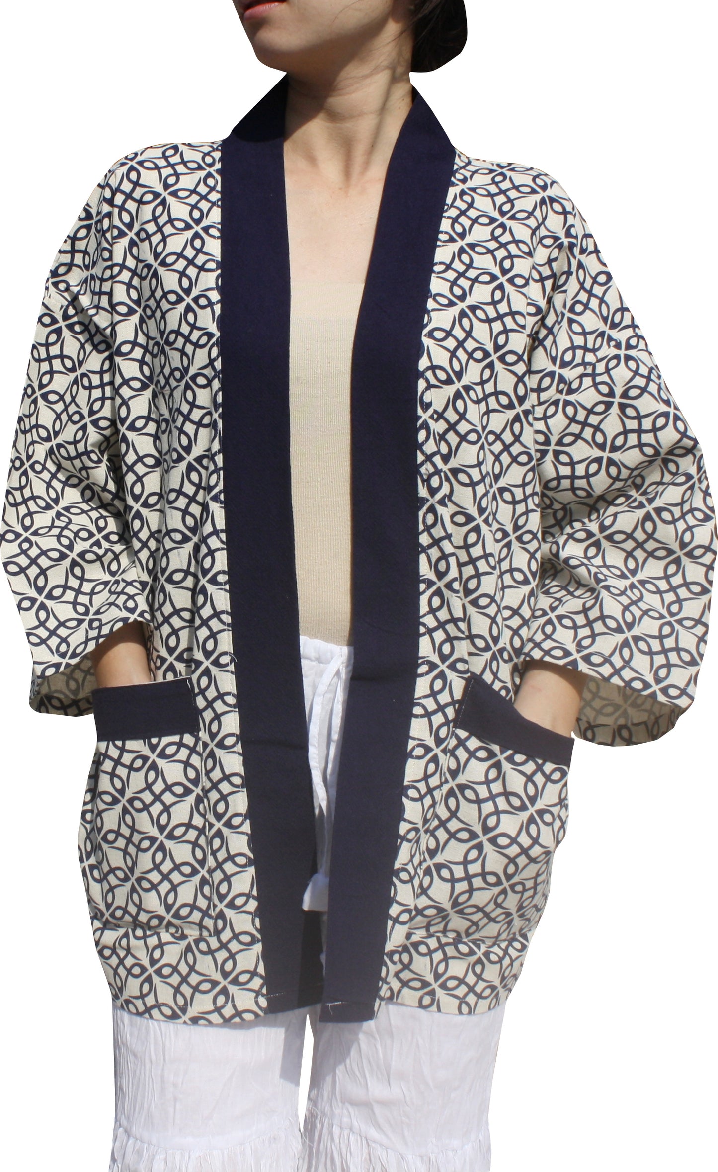 Japanese Yukata Unisex Robe Shirt In Raw Cotton Woodblock Prints