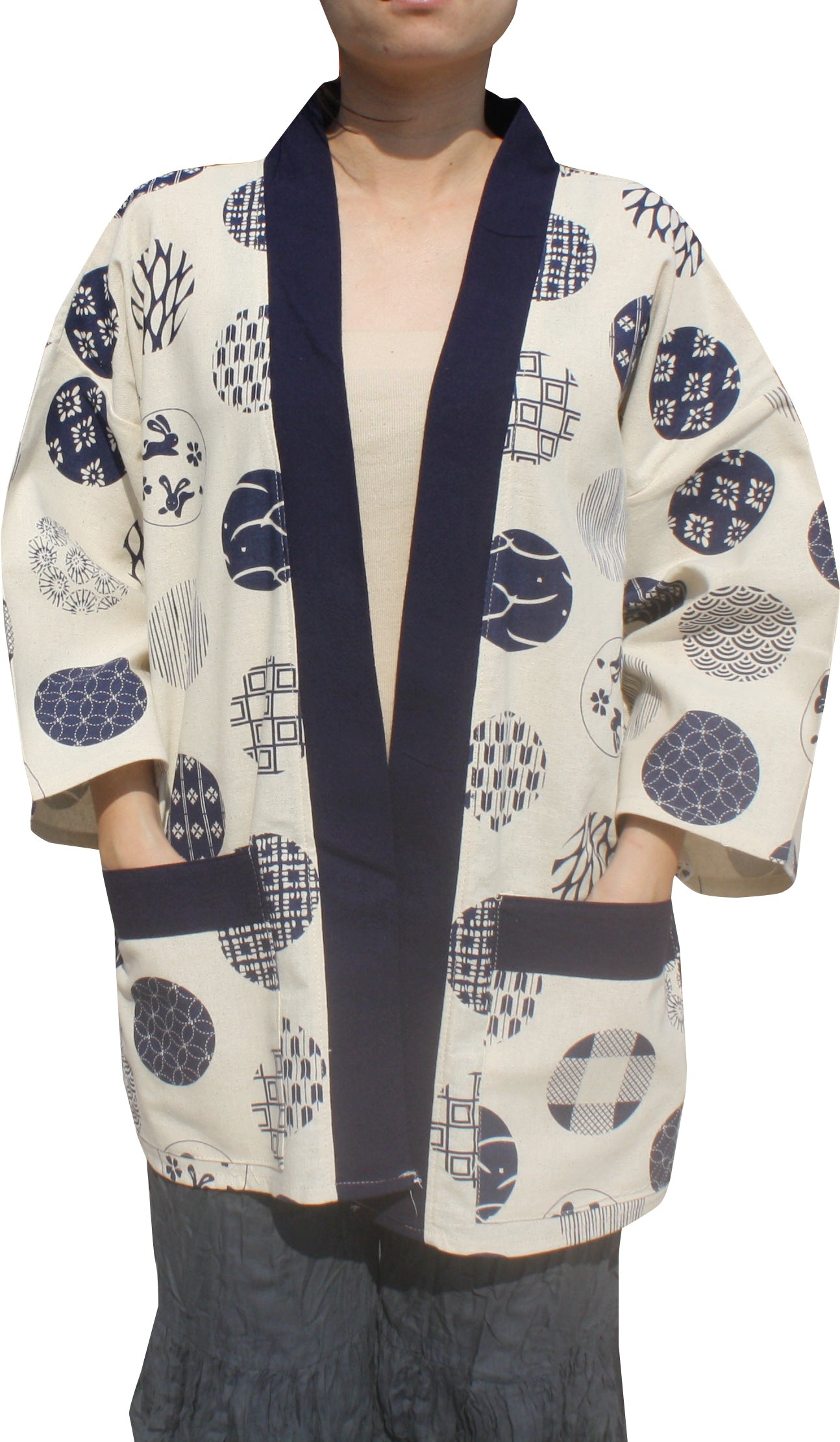 Japanese Yukata Unisex Robe Shirt In Raw Cotton Woodblock Prints