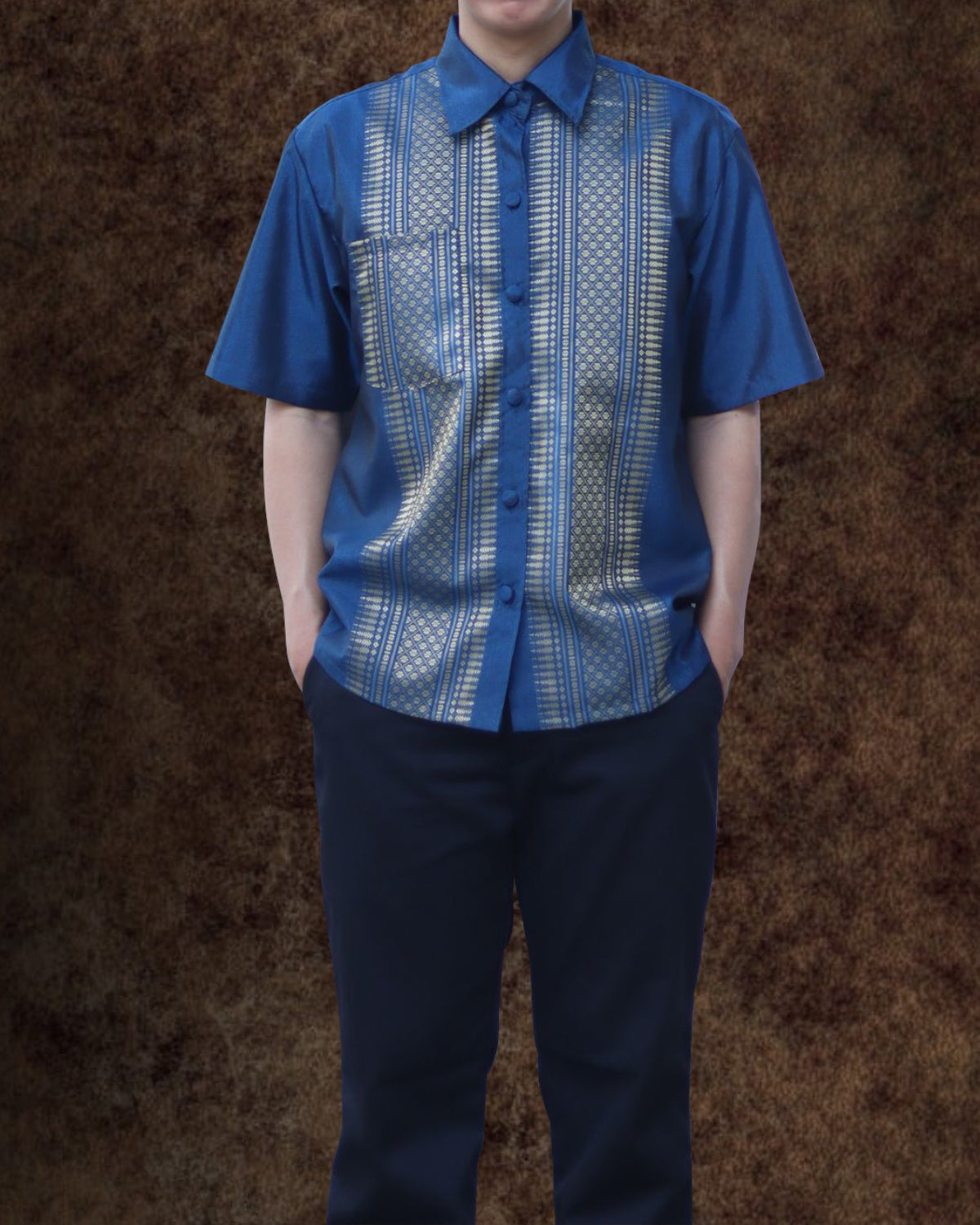 RaanPahMuang Formal Northern Thailand Woven Stitchwork Short Sleeve Silk Men Shirt