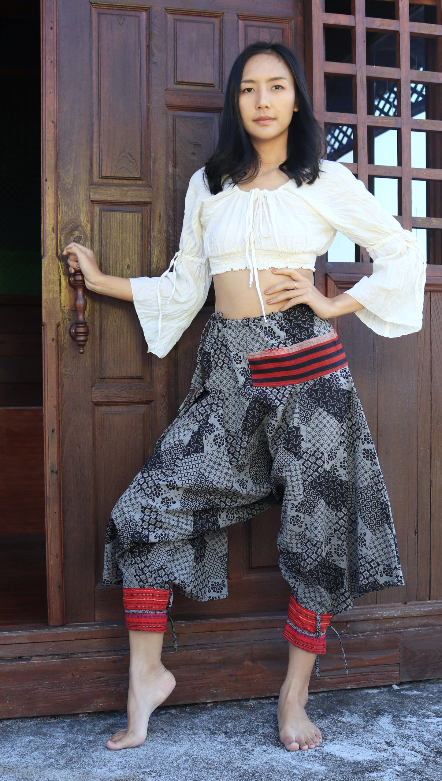 RaanPahMuang Japanese Formal Edo Courtesan Pants with Tied Cuffs and Woven Patches