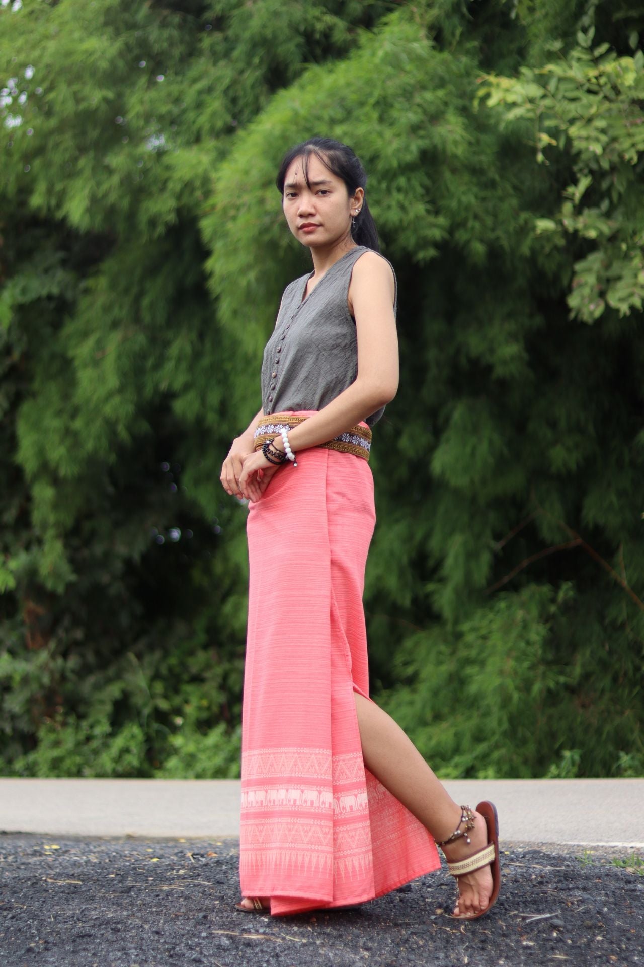 RaanPahMuang Thai Traditional Hand Woven Wrap Skirt Striped Cotton with Floral Belt