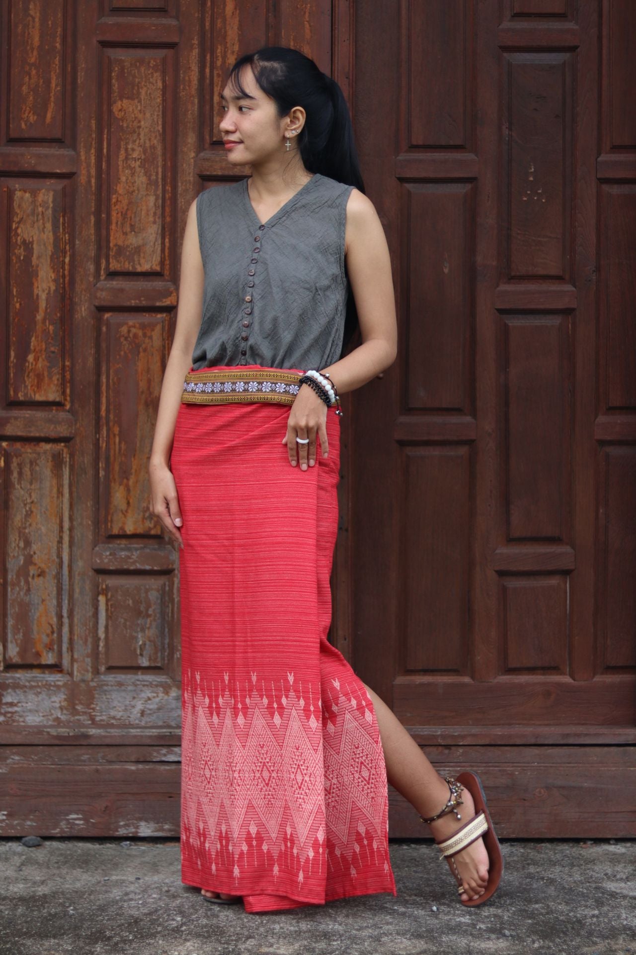RaanPahMuang Thai Traditional Hand Woven Wrap Skirt Striped Cotton with Floral Belt
