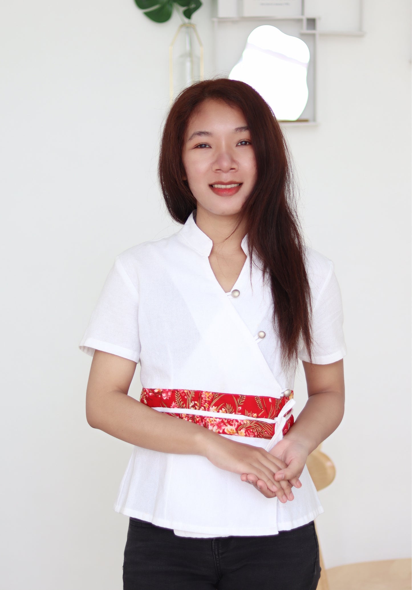 RaanPahMuang Muang Cotton Thai Ladies Shirt Handmade Silk Band Empire Bust Style