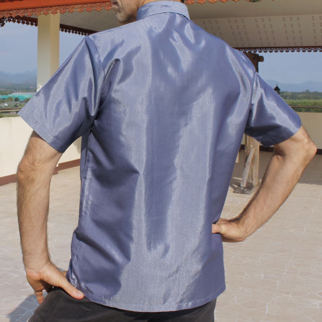 RaanPahMuang Formal Northern Thailand Woven Stitchwork Short Sleeve Silk Men Shirt
