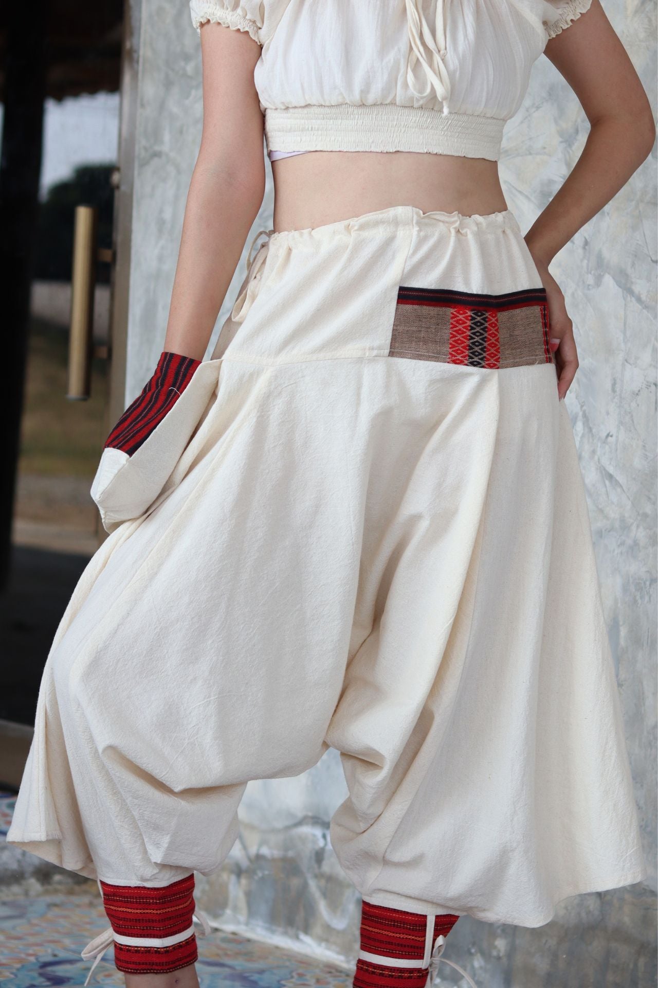 RaanPahMuang Japanese Formal Edo Courtesan Pants with Tied Cuffs and Woven Patches