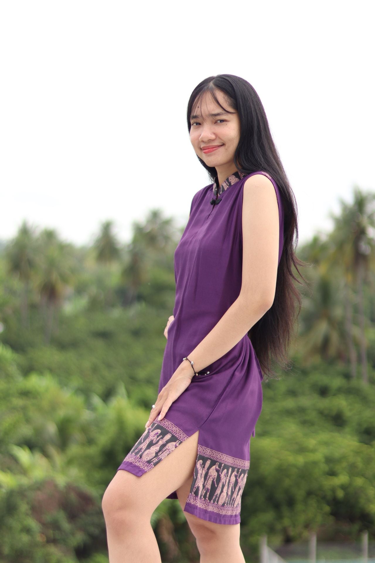 RaanPahMuang Chinese Collar Thai Pattern Serving Girl Sleeveless Sac Dress