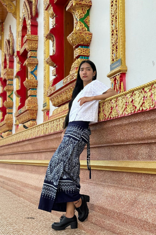 RaanPahMuang Thai Blue Sinh Side Tie Wrap Skirt Woven Cotton Printed Artwork