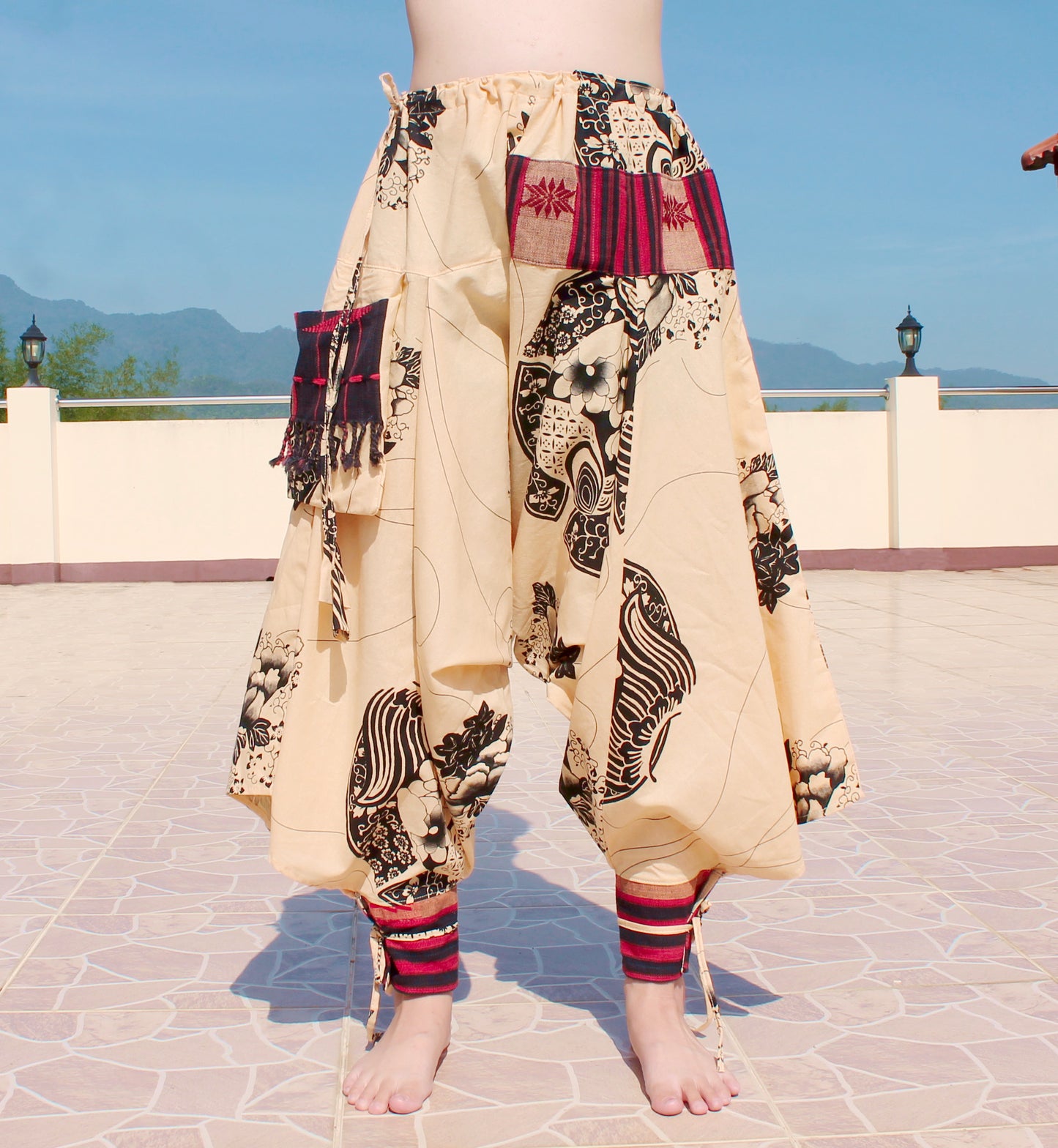 RaanPahMuang Aladin Pants Japanese style with Tied Cuffs and Woven Patches