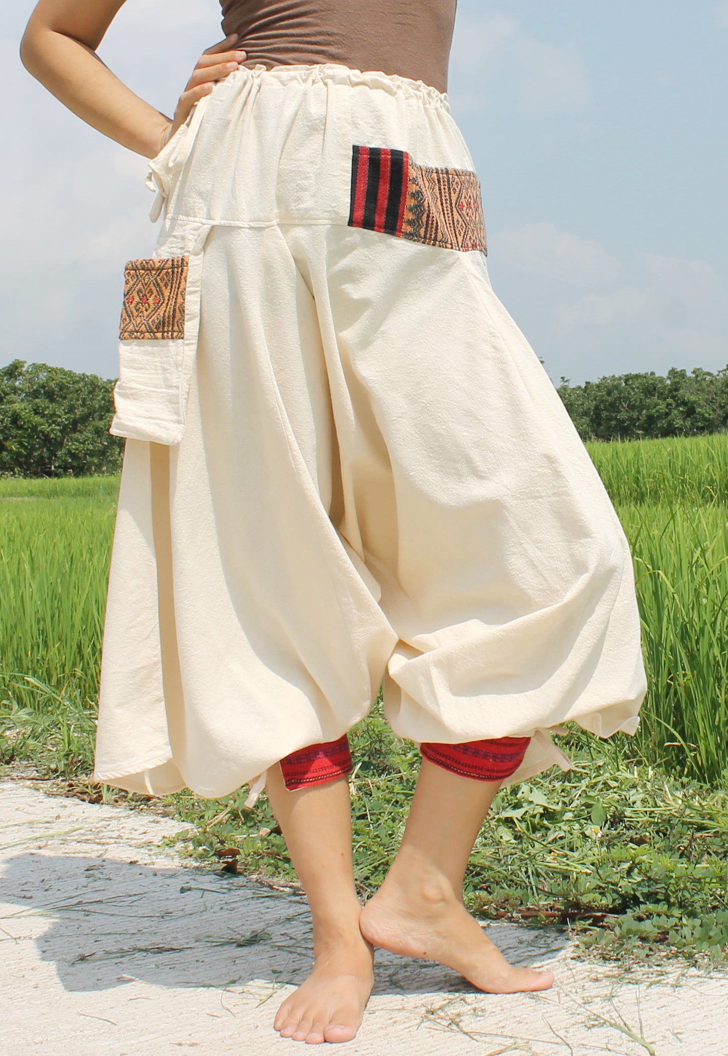 RaanPahMuang Aladin Pants Japanese style with Tied Cuffs and Woven Patches