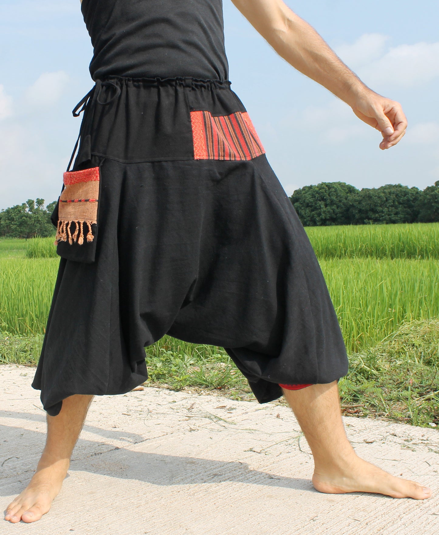 Aladin Pants Japanese style with Tied Cuffs and Woven Patches