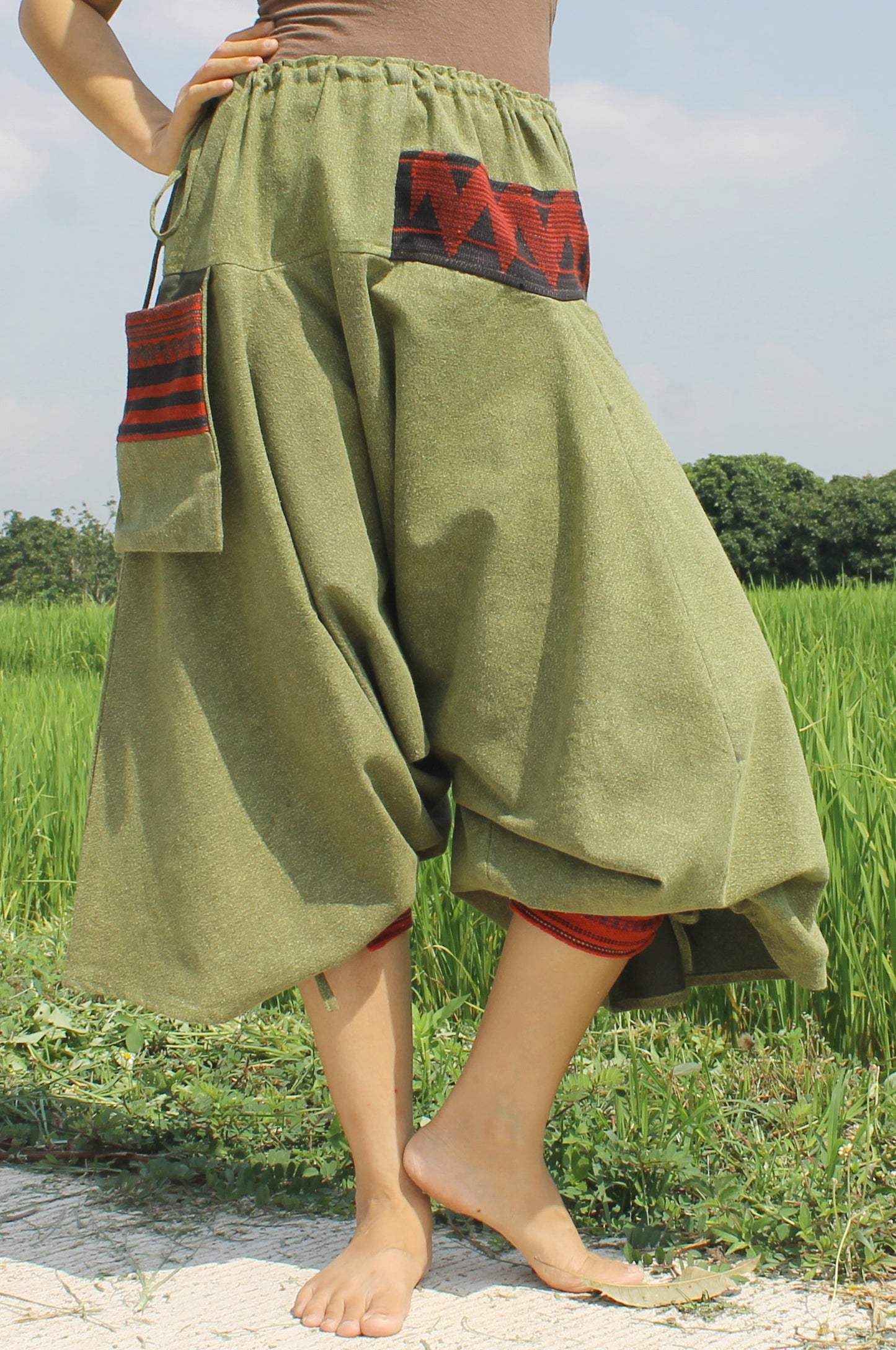 RaanPahMuang Aladin Pants Japanese style with Tied Cuffs and Woven Patches