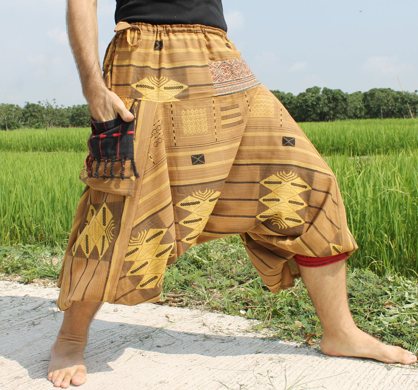 Aladin Pants Japanese style with Tied Cuffs and Woven Patches