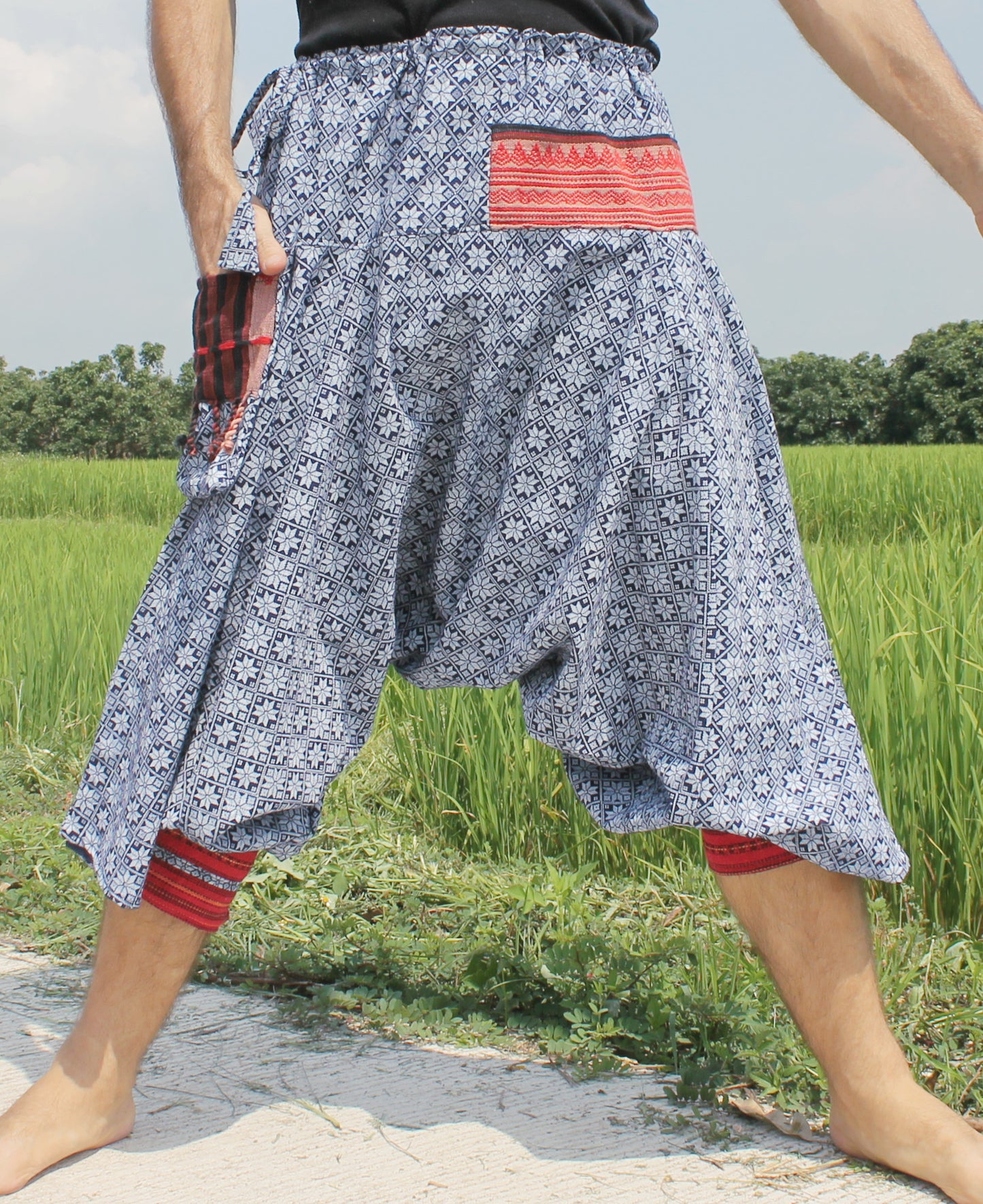 Aladin Pants Japanese style with Tied Cuffs and Woven Patches