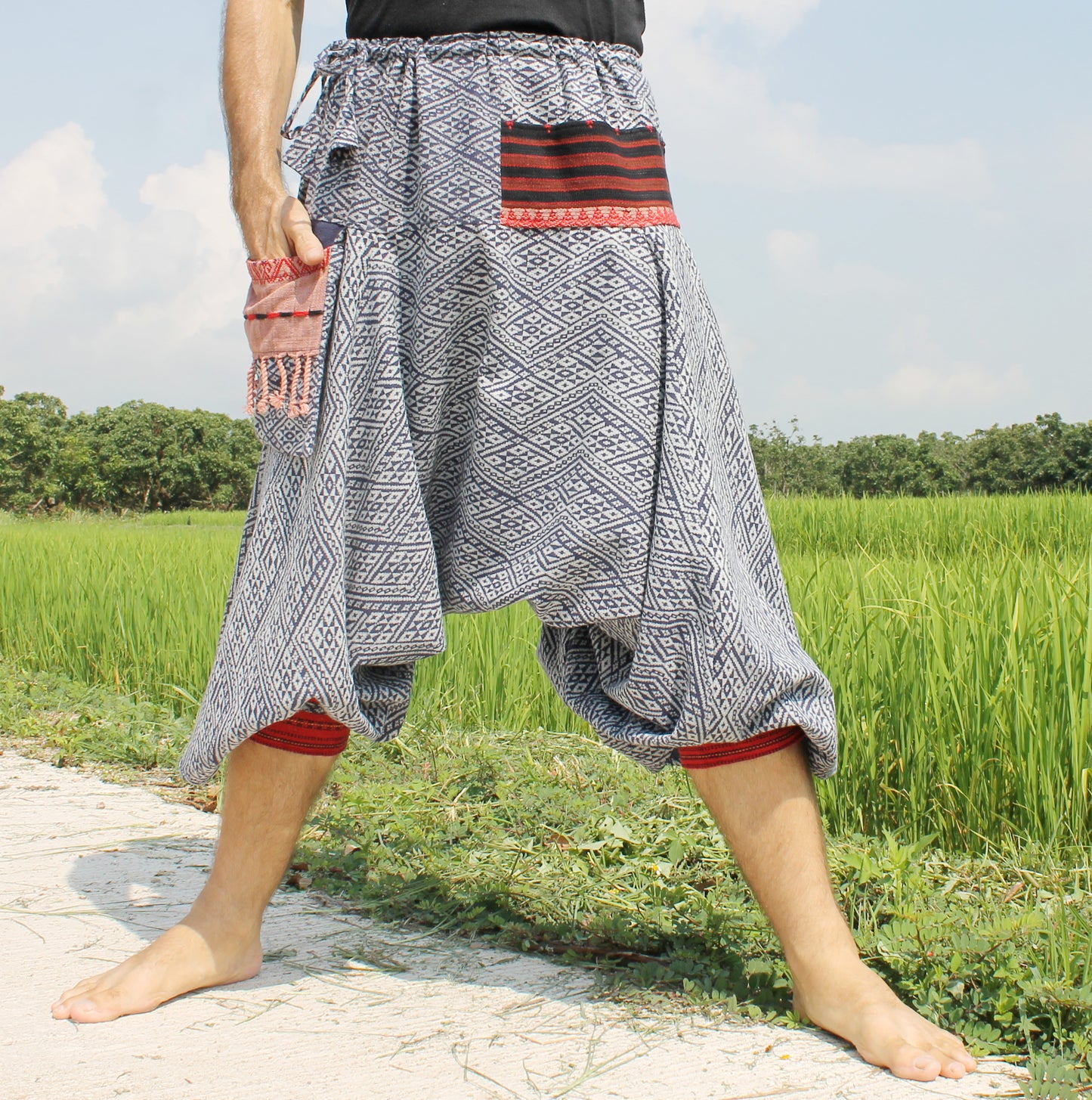 Aladin Pants Japanese style with Tied Cuffs and Woven Patches