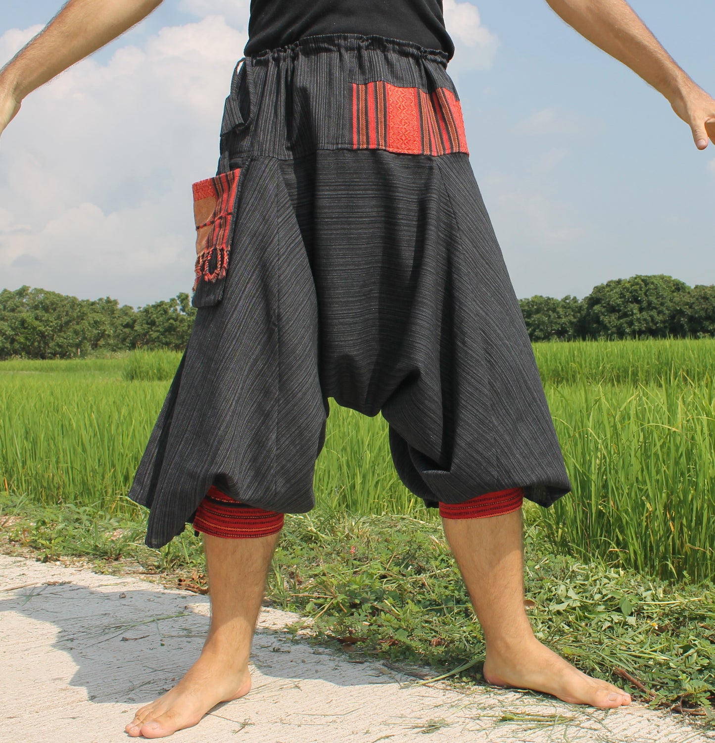 Aladin Pants Japanese style with Tied Cuffs and Woven Patches