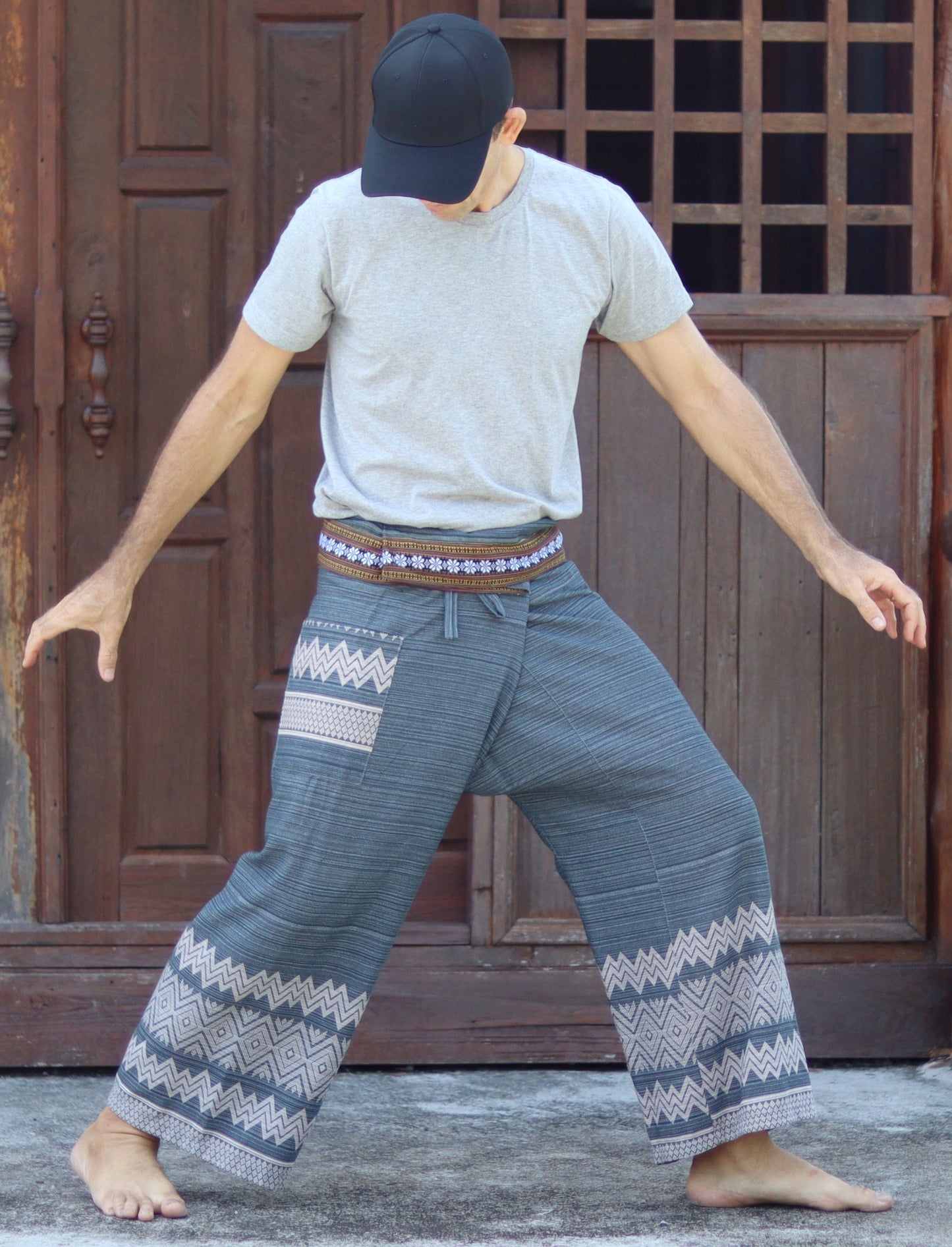 RaanPahMuang Striped Cotton Thai Fisherman Wrap Pants Thai stamped Art Print