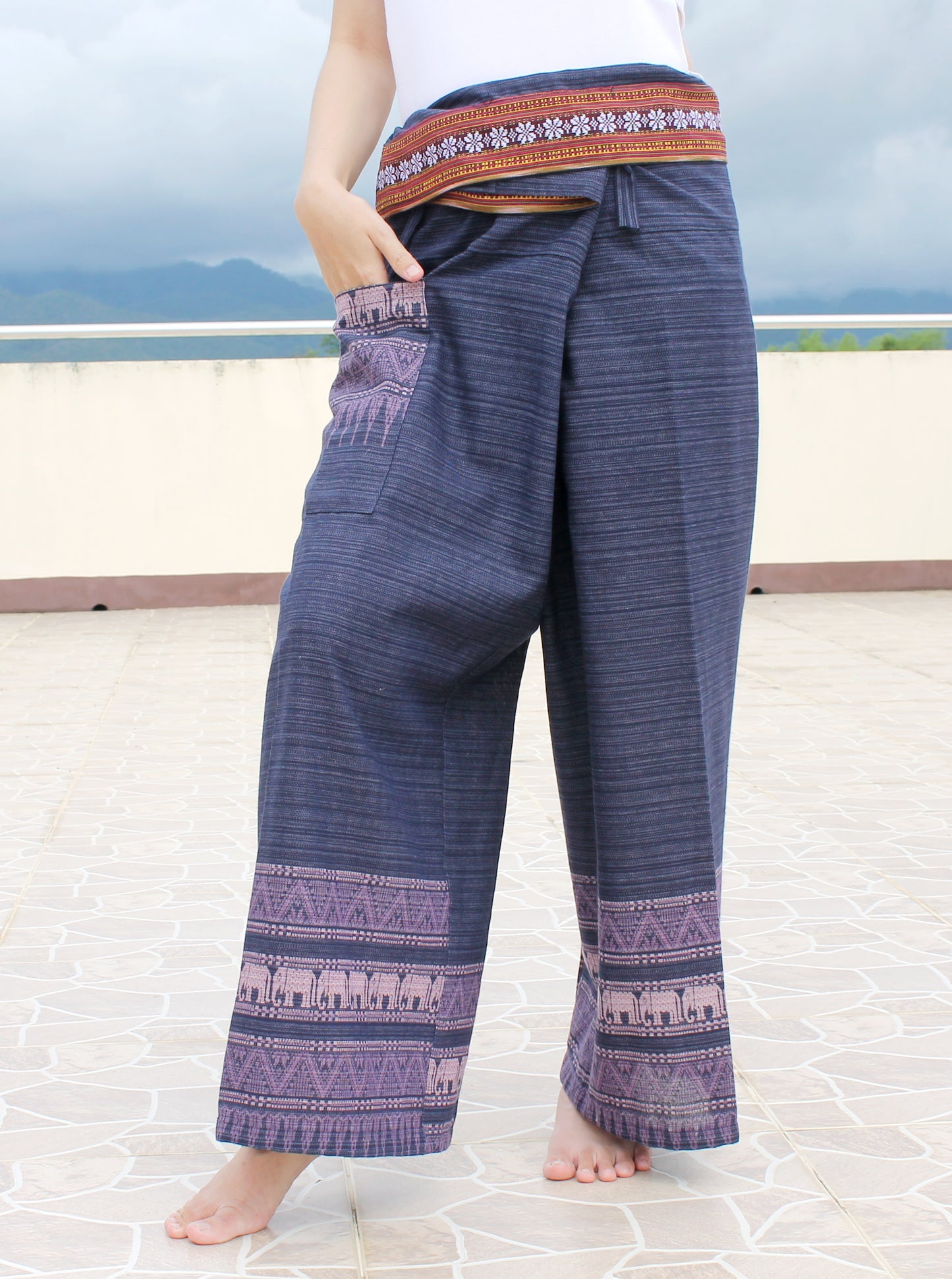 RaanPahMuang Striped Cotton Thai Fisherman Wrap Pants Thai stamped Art Print