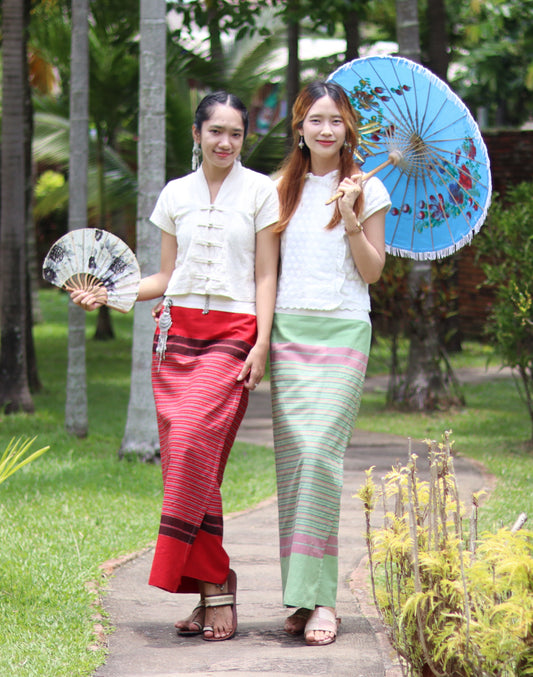 RaanPahMuang Thick Woven Cotton Thai Traditional Wrap Skirt with Waist Ties