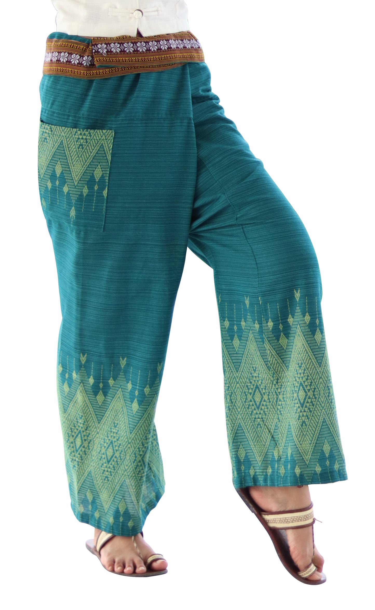 RaanPahMuang Striped Cotton Thai Fisherman Wrap Pants Thai stamped Art Print