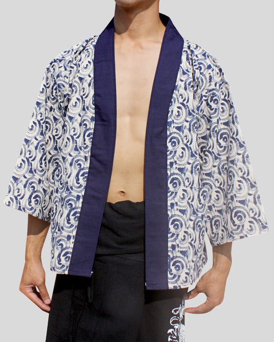 Japanese Yukata Unisex Robe Shirt In Raw Cotton Woodblock Prints