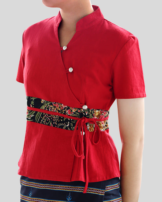 RaanPahMuang Muang Cotton Thai Ladies Shirt Handmade Silk Band Empire Bust Style