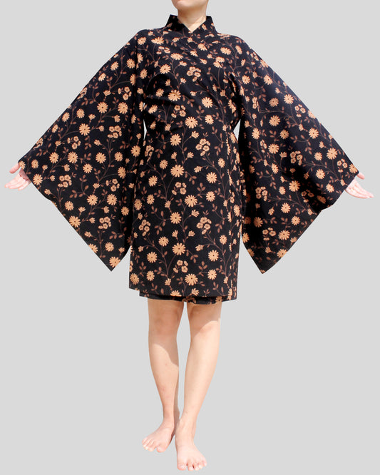 RaanPahMuang Cotton Fabric Japanese Short Kimono Night Gown with Waist Tie Intimates