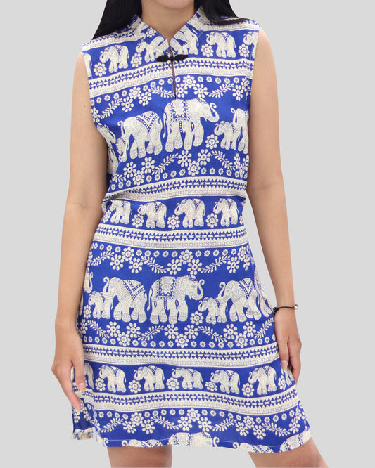 RaanPahMuang Chinese Collar Thai Pattern Serving Girl Sleeveless Sac Dress