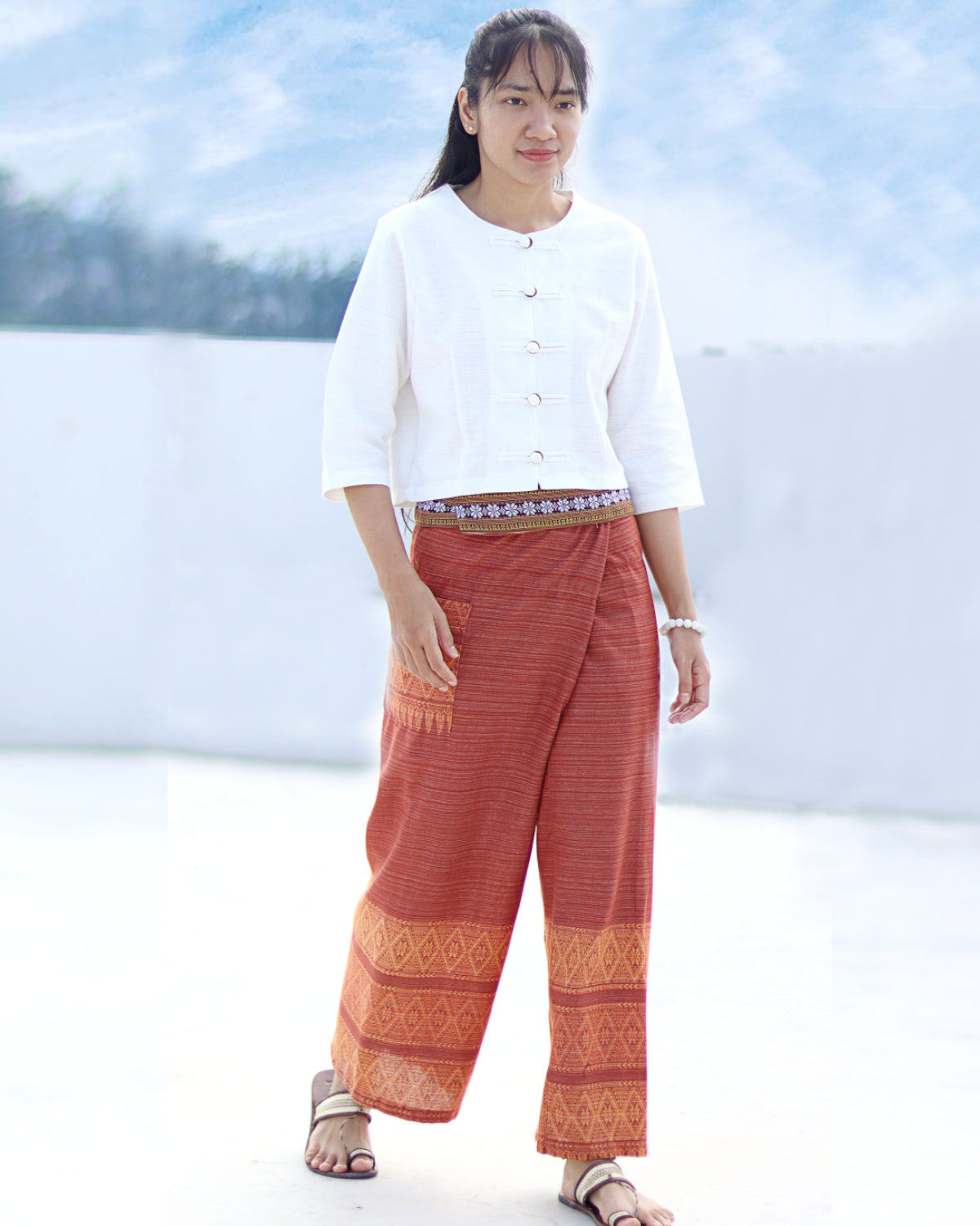 RaanPahMuang Striped Cotton Thai Fisherman Wrap Pants Thai stamped Art Print