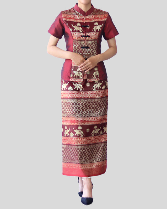RaanPahMuang Luxurious Traditional Thai Clothing Silk Dress Chinese Front Cut Outfit