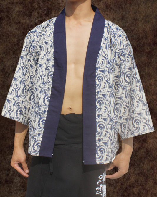 Japanese Yukata Unisex Robe Shirt In Raw Cotton Woodblock Prints