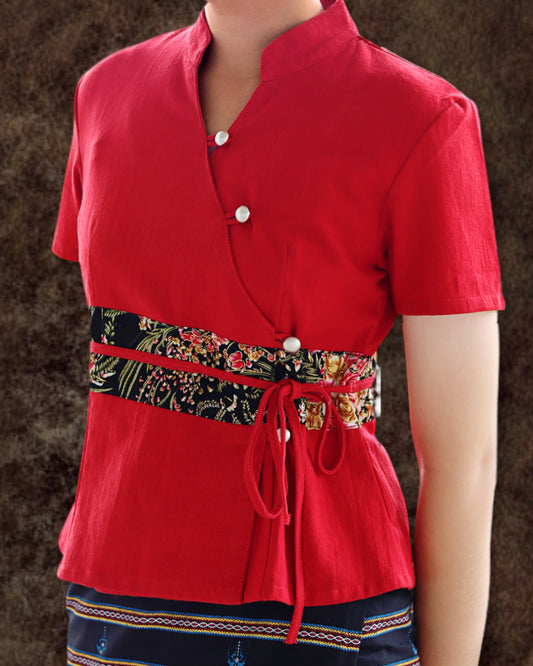 RaanPahMuang Muang Cotton Thai Ladies Shirt Handmade Silk Band Empire Bust Style