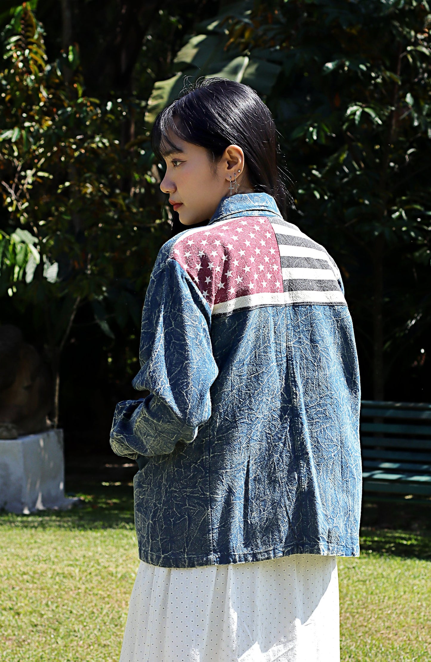 American Ladies Cotton Biker Stonewashed USA Patriot Flag WindBreaker Jacket