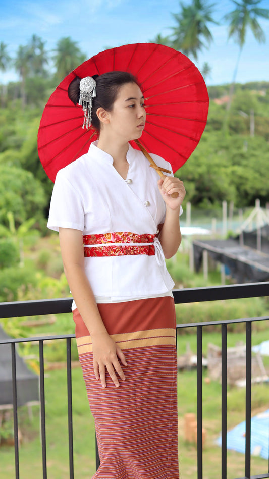 RaanPahMuang Muang Cotton Thai Ladies Shirt Handmade Silk Band Empire Bust Style