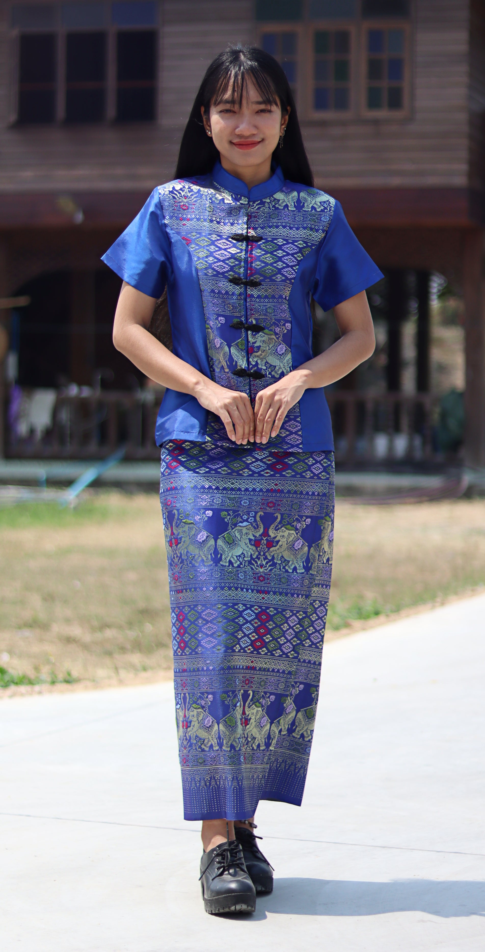 thai silk dresses online RaanPahMuang Luxurious Traditional Thai Clothing Silk Dress Chinese Front Cut Outfit Chinese Collar