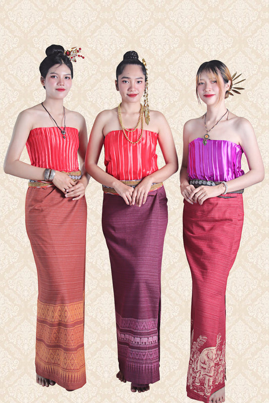 RaanPahMuang Thai Traditional Hand Woven Wrap Skirt Striped Cotton with Floral Belt